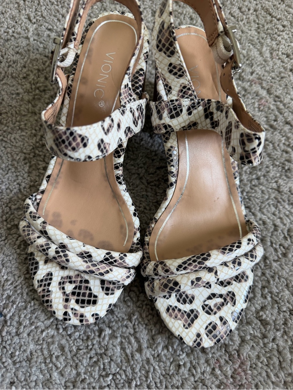 Vionic Women’s Snake-Print Slingback Heels in Cream & Black